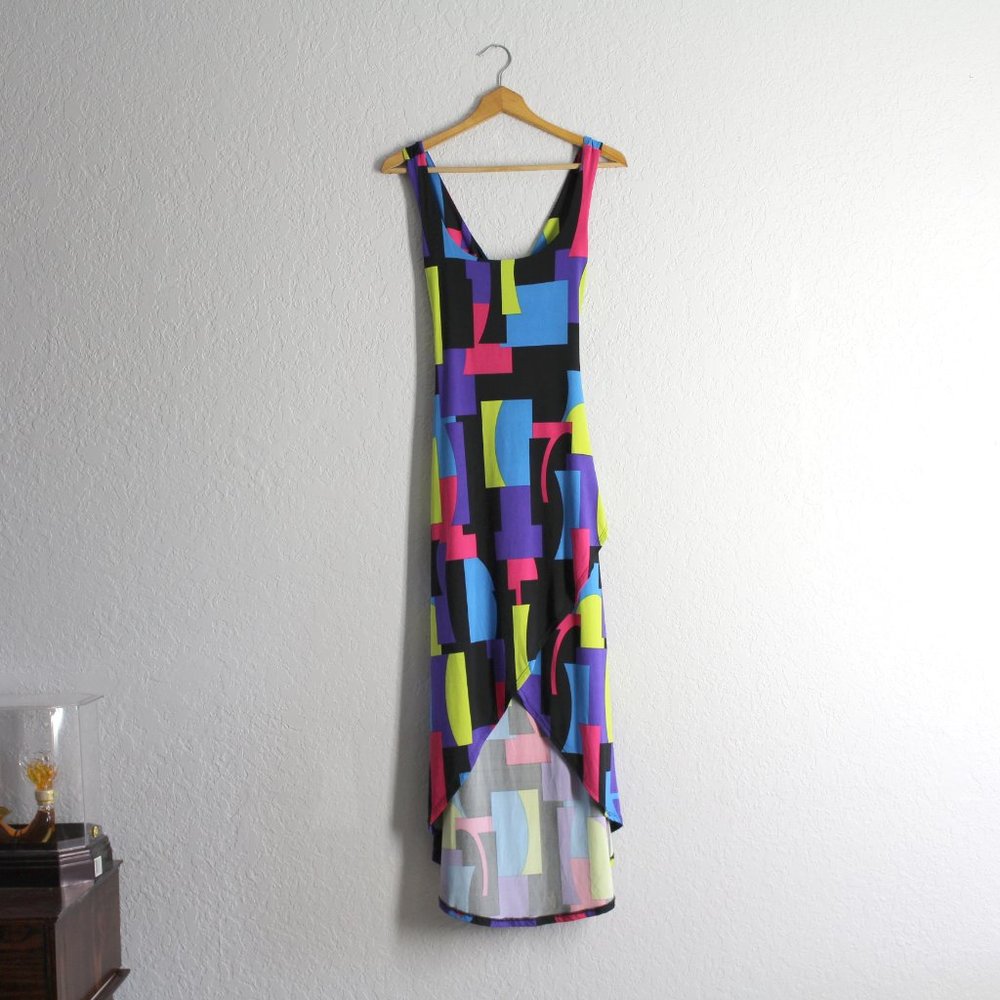 Va Va Voom womens dress M bright retro colorblock high low maxi cross back